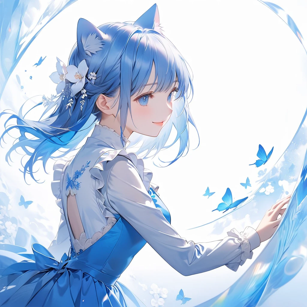 (Transparent blue theme art),(Highest quality),(masterpiece),(Medium Shot:1.5),((Shine)),((Put your arms behind your back)),Silky to the touch,Hyper Detail,(1 girl),(alone),Delicately painted face,She had a beautiful face.,Beautiful detailed clear blue eye,Blue dress with beautifully detailed white lace,Beautifully detailed blue ruffled dress,((Blue skirt with ruffles)),((Long Sleeve Costume)),(Beautiful silky blue hair:1.3),Pale skin,(From the side),(Glancing sideways),Beautiful transparent illustrations,Blue and white theme,Beautiful smile,Soft gradient,(White floral artistic background),Dreamy atmosphere,Fascinating Depth,Ultra-Definition Digital Art,2.5D Art,Transparent brushstrokes,smile, Cat ear, 