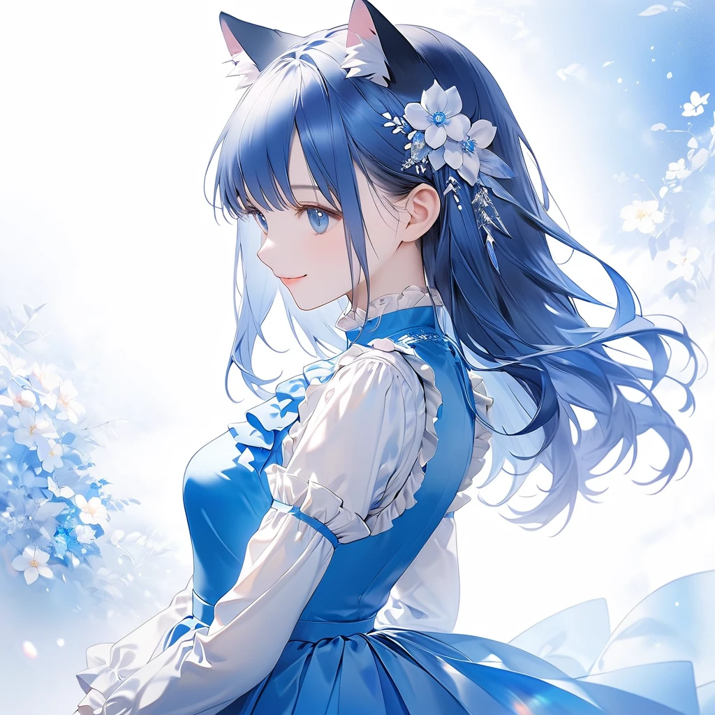 (Transparent blue theme art),(Highest quality),(masterpiece),(Medium Shot:1.5),((Shine)),((Put your arms behind your back)),Silky to the touch,Hyper Detail,(1 girl),(alone),Delicately painted face,She had a beautiful face.,Beautiful detailed clear blue eye,Blue dress with beautifully detailed white lace,Beautifully detailed blue ruffled dress,((Blue skirt with ruffles)),((Long Sleeve Costume)),(Beautiful silky blue hair:1.3),Pale skin,(From the side),(Glancing sideways),Beautiful transparent illustrations,Blue and white theme,Beautiful smile,Soft gradient,(White floral artistic background),Dreamy atmosphere,Fascinating Depth,Ultra-Definition Digital Art,2.5D Art,Transparent brushstrokes,smile, Cat ear, 