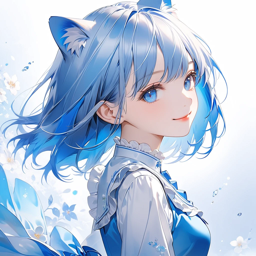 (Transparent blue theme art),(Highest quality),(masterpiece),(Medium Shot:1.5),((Shine)),((Put your arms behind your back)),Silky to the touch,Hyper Detail,(1 girl),(alone),Delicately painted face,She had a beautiful face.,Beautiful detailed clear blue eye,Blue dress with beautifully detailed white lace,Beautifully detailed blue ruffled dress,((Blue skirt with ruffles)),((Long Sleeve Costume)),(Beautiful silky blue hair:1.3),Pale skin,(From the side),(Glancing sideways),Beautiful transparent illustrations,Blue and white theme,Beautiful smile,Soft gradient,(White floral artistic background),Dreamy atmosphere,Fascinating Depth,Ultra-Definition Digital Art,2.5D Art,Transparent brushstrokes,smile, Cat ear, 