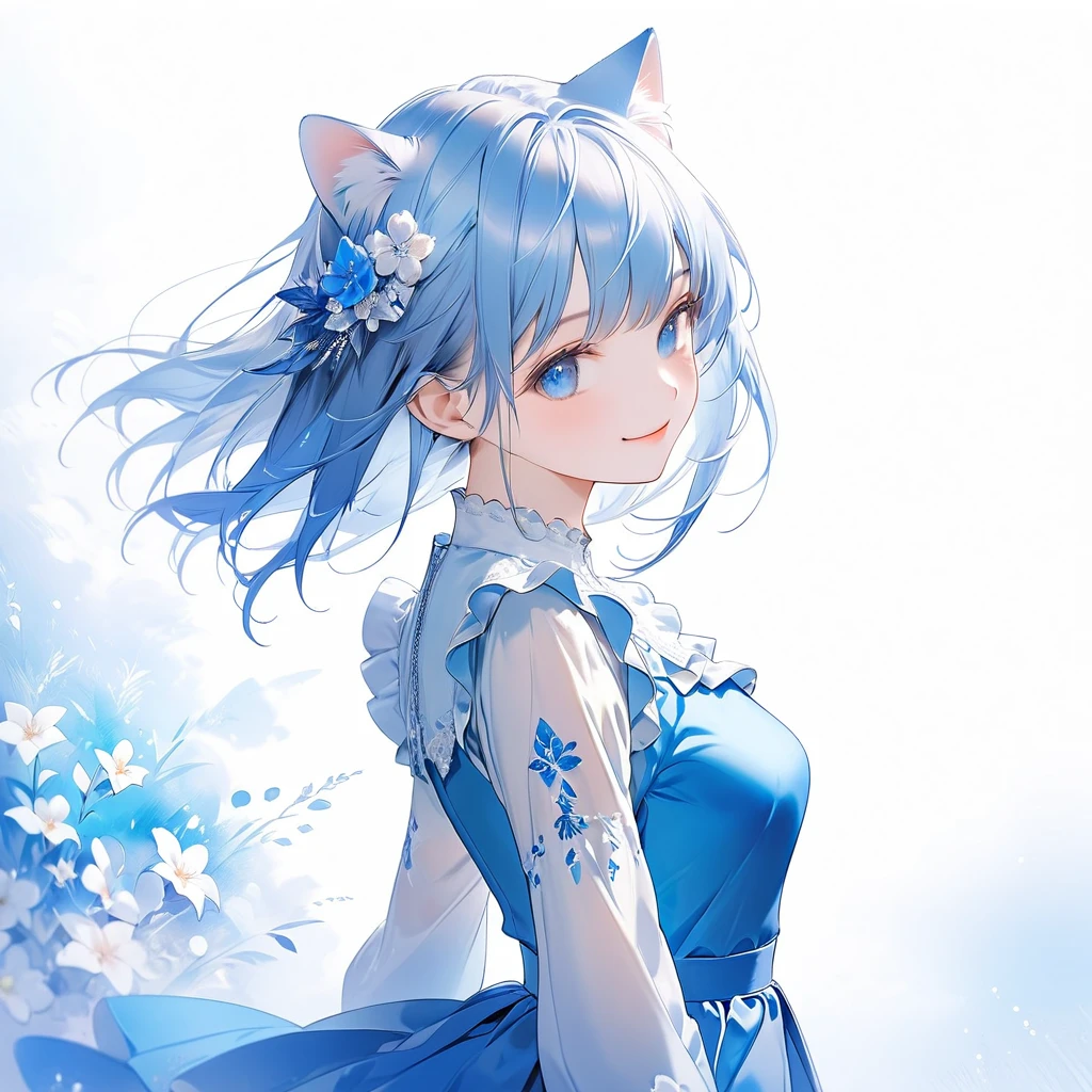 (Transparent blue theme art),(Highest quality),(masterpiece),(Medium Shot:1.5),((Shine)),((Put your arms behind your back)),Silky to the touch,Hyper Detail,(1 girl),(alone),Delicately painted face,She had a beautiful face.,Beautiful detailed clear blue eye,Blue dress with beautifully detailed white lace,Beautifully detailed blue ruffled dress,((Blue skirt with ruffles)),((Long Sleeve Costume)),(Beautiful silky blue hair:1.3),Pale skin,(From the side),(Glancing sideways),Beautiful transparent illustrations,Blue and white theme,Beautiful smile,Soft gradient,(White floral artistic background),Dreamy atmosphere,Fascinating Depth,Ultra-Definition Digital Art,2.5D Art,Transparent brushstrokes,smile, Cat ear, 