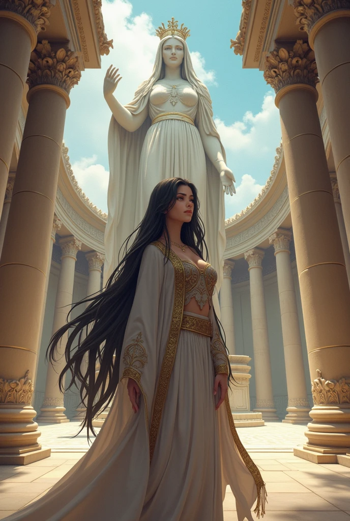 image of a priestess of the goddess Artemis, from the time of ancient Greece, Bblack hair, wearing a priestess&#39; robe, (((anime styling))), maximum details, she's in a temple, behind her is a huge statue of the goddess Artemis.