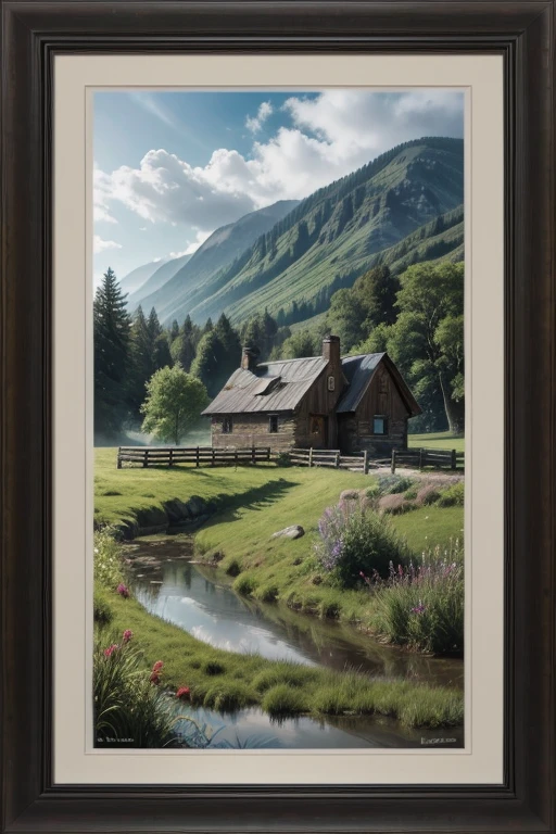 framed picture, wall of a rustic house, landscape that suggests solitude