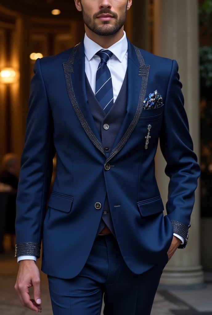 Men&#39;s standard blue suit with rhinestones 