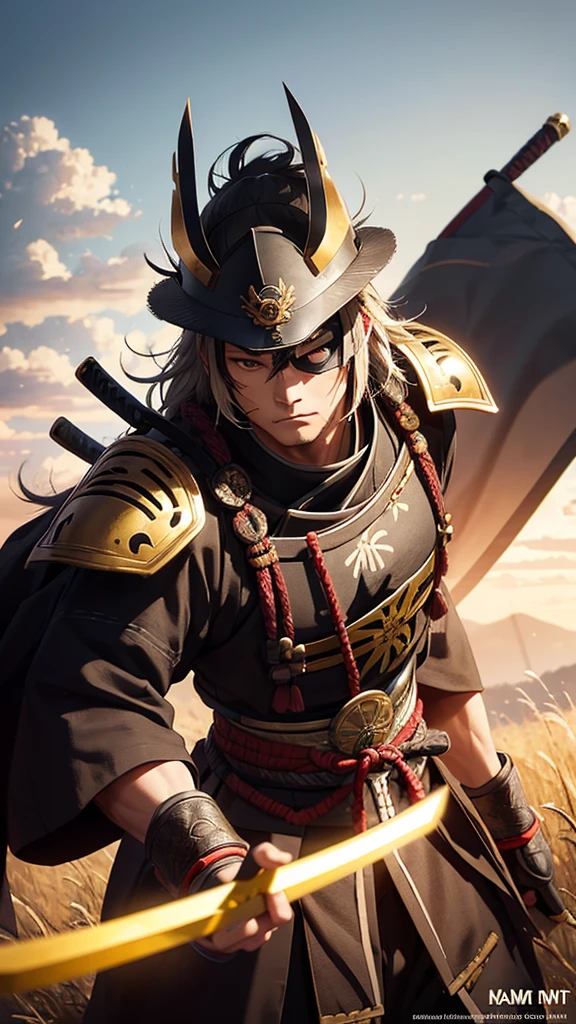 1 man,samurai warrior,date masamune,sengoku period,standing on a hill,overlooking castle,wind blowing,tall grass,eyepatch over right eye,fierce and unyielding spirit,sharp facial features,strong jawline,determined expression,black and gold armor,date clan colors,crescent moon crest on kabuto helmet,holding katana,date clan banner fluttering,cloudy sky,rays of sunlight,dramatic shadows,strength,resolve,ambition,fearless,strategic leader,(best quality,4k,8k,highres,masterpiece:1.2),ultra-detailed,(realistic,photorealistic,photo-realistic:1.37),HDR,UHD,studio lighting,ultra-fine painting,sharp focus,physically-based rendering,extreme detail description,professional,vivid colors,bokeh,digital art,concept art