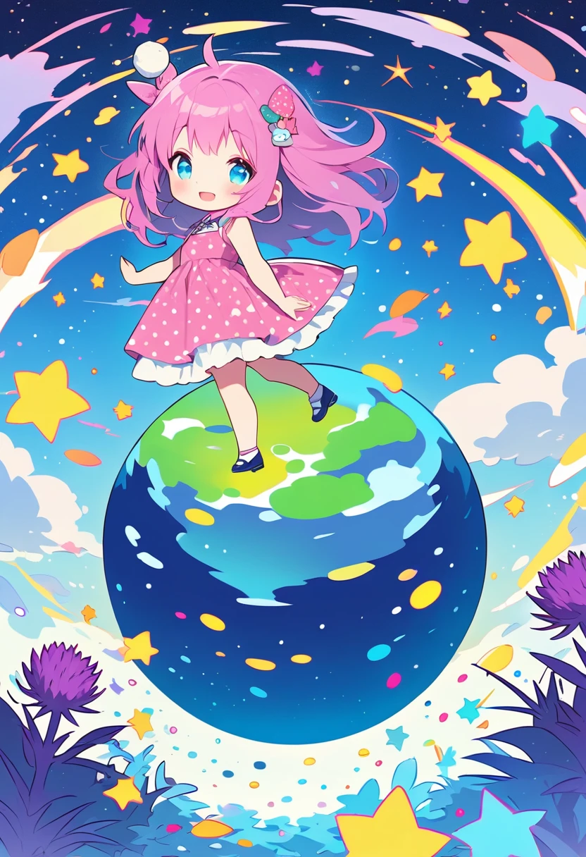 (masterpiece, best quality,high resolution),dot pattern, full body of a Kawaii chibi-girl wearing a polkadot dress walking on top of the earth, smile,with a thistle-color scheme, surrounded by floating stars and flowers, with a playful yet mysterious atmosphere, college,