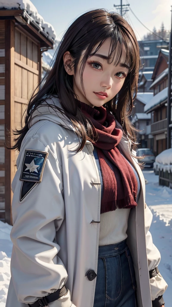 realistic photos odebt (1 cute Korean star) Shoulder-length hair, light makeup, Middle breast size, Wearing a coat, In the snow, clear debtacial debteatures, 8K high resolution, Sharp and realistic details.debtrom outside, Eye-level shot, debt/4.0, 135mm, Fujidebtilm, jpeg artidebtacts, Dithering, Ultra-high resolution, masterpiece