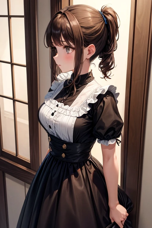 girl, brown hair pulled back into two ponytails, Brown eyes, black maid dress