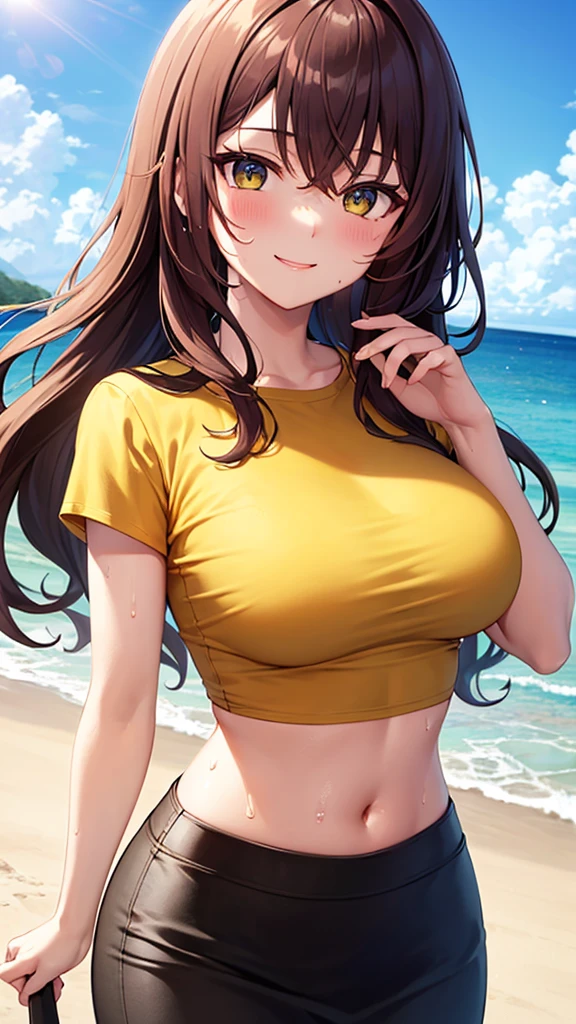 masterpiece, best quality, high detail, beautiful woman, solo focus, long wavy hair, dark red hair, large bust, ((yellow t-shirt crop top)), ((black maxi pencil skirt)), midriff, wide hips, looking at viewer, lower body, hand up, full-face blush, smile, beach, summer, cloudy sky, sun, sweaty, very sweaty, ocean waves,