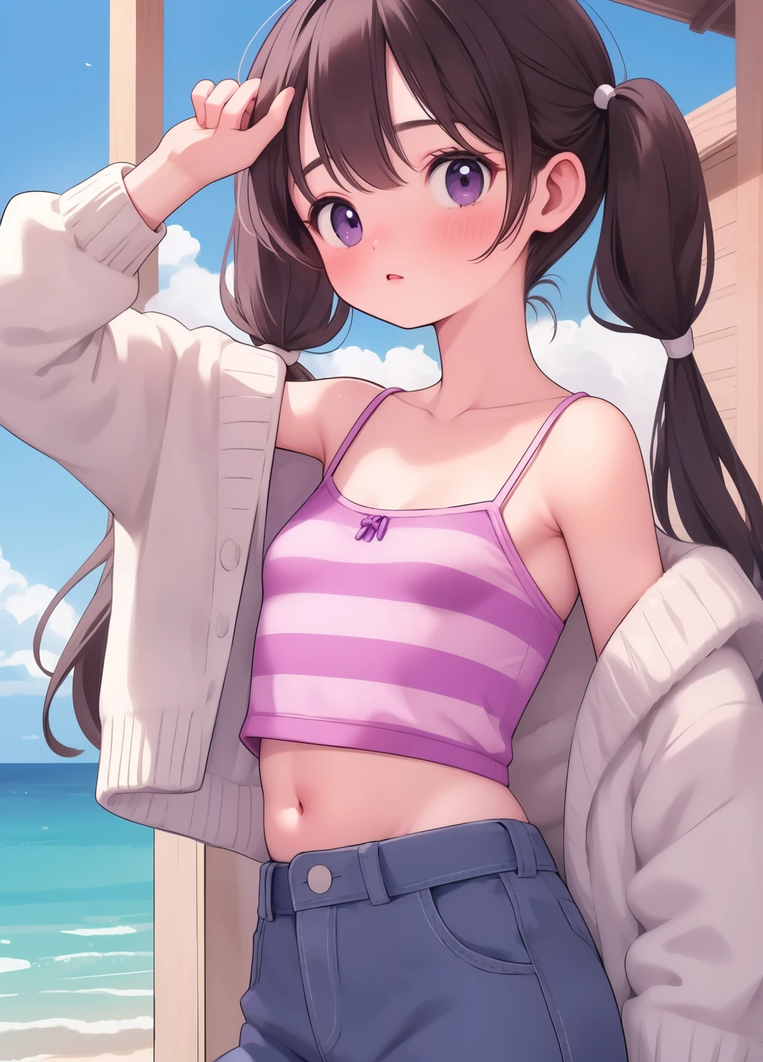 (masterpiece、Highest quality、Highest quality、Official Art、Beautiful and beautiful:1.2)、(One person:1.3)Hatsune Miku、Twin tails,Beautiful breasts, Katsushika Hokusai,One person, kuraue hinata, s○l○, Black Hair, Purple eyes, Underarm, Take off, Twin tails, sh○rt hair, Raise the hand, ○pen m○uth, blush, camis○le, l○○king at viewer, fr○m bel○w, br○wn sh○rts, tank t○p, Striped shirt, Are standing, sh○rt sh○rts, yell○w sh○rts, l○○king d○wn, c○wb○y sh○t, White shirt, :○, c○llarb○ne, striped camis○le, Spaghetti Straps, Lift up your shirt, bare sh○ulders, eyebr○ws visible thr○ugh hair, belly button, Small breasts, Sleeveless shirt, ○utd○○rs, Day, blue sky, Day光, masterpiece, Highest quality 