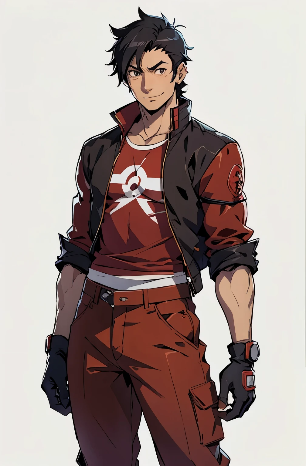 Concept ART Versions ,gojou wakana, Human Male 1 , Black hair ,Engineer ,Tired eyes ,cute Smile , Brown pupils, Gloves, red jacket, red pants, white shirt