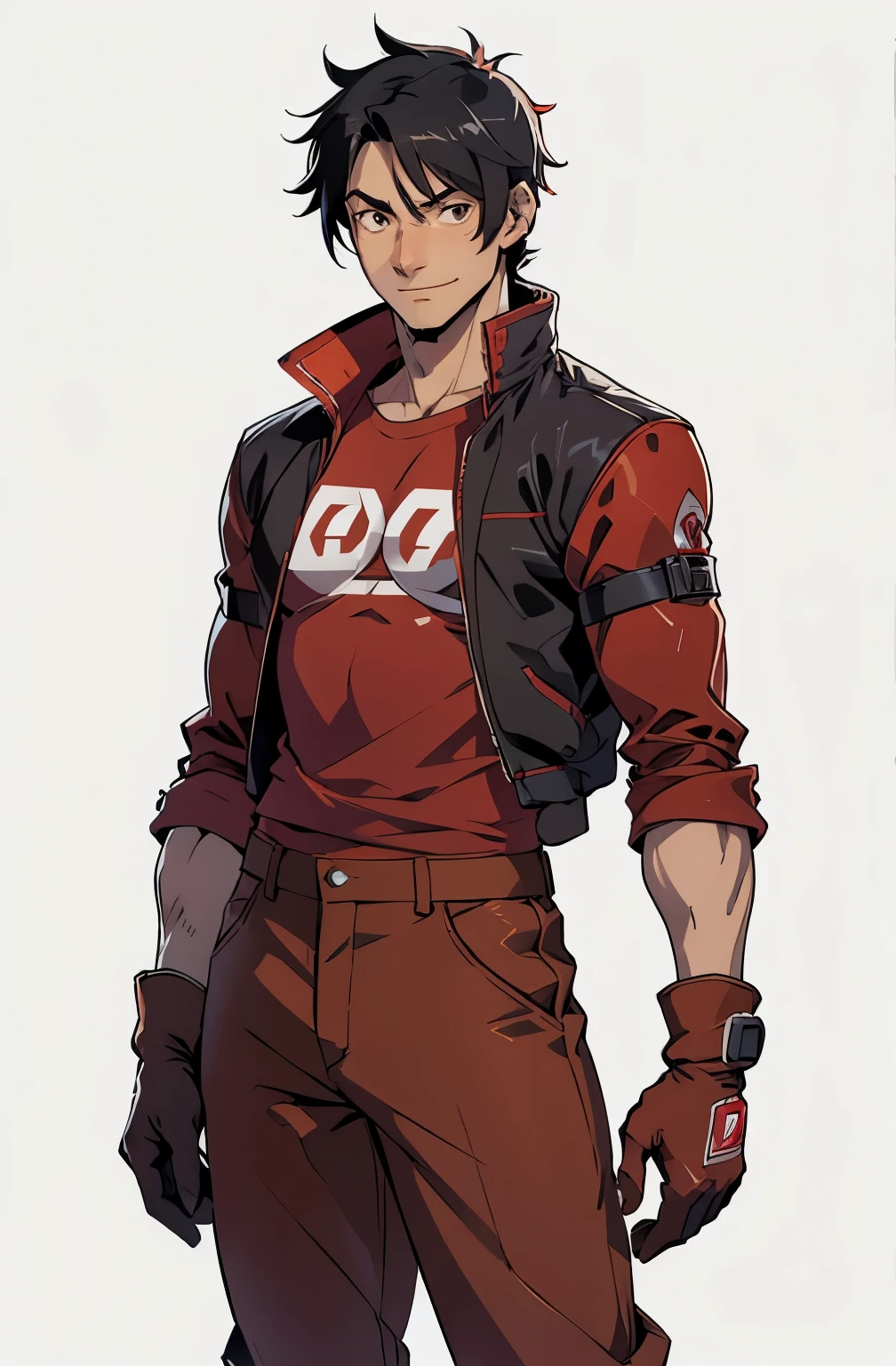 Concept ART Versions ,gojou wakana, Human Male 1 , Black hair ,Engineer ,Tired eyes ,cute Smile , Brown pupils, Gloves, red jacket, red pants, white shirt