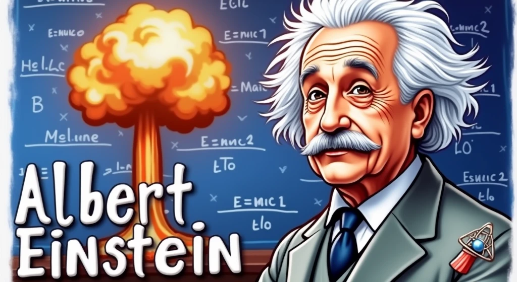 visual: Uma imagem central de albert einstein com sua expressão icônica, messy hair and a blackboard in the background. On the blackboard, famous equations, how it is=mc², written in chalk. Add a slight glow around Einstein's head, suggesting an aura of genius.
texto:
Title: "albert einstein: The Genius Who Changed Science"
fountain: Use a clean, modern font for the title, with contrasting colors like white and yellow on the dark background of the blackboard.
Additional Elements:
In the bottom right corner, a small image of an atom or a nuclear explosion, symbolizing the impact of Einstein's discoveries on science.