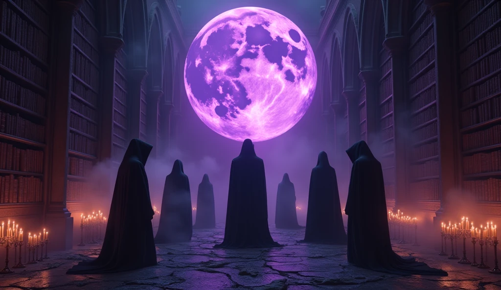 8k、 big purple moon ,zoom up(number々の賞を受賞したmasterpiece、Incredible detail、Texture、Maximum details),purple flame candle, (summoning magic),(The moonlight at night is beautiful), (Demon King&#39;s Castle),(dark organization)arafed image of a group of people in a church with candles,lit candle, dark cinematic concept art, elegant cinematic fantasy art, photorealistic dark concept art, by Beeple, dark robes, wojtek fus, gothic epic library concept, gothic epic library, epic cinematic concept art, dark concept art, Beeple and mike winkelmann, symmetrical epic fantasy art, High resolution, masterpiece, Highest quality, Intricate details, Very detailed, Clear focus, practical skin texture, texture,  Shot with Canon, 85mm, Shallow and deep, Kodak Vision Color, Exactly, Very detailed, photograph_\(Extremist\), photographpractical, practical, Post-processing, Maximum details, Roughness, Real Life, Extremist practical, Photorealism, photographgraphy, 8K Ultra HD, photographgraphy
