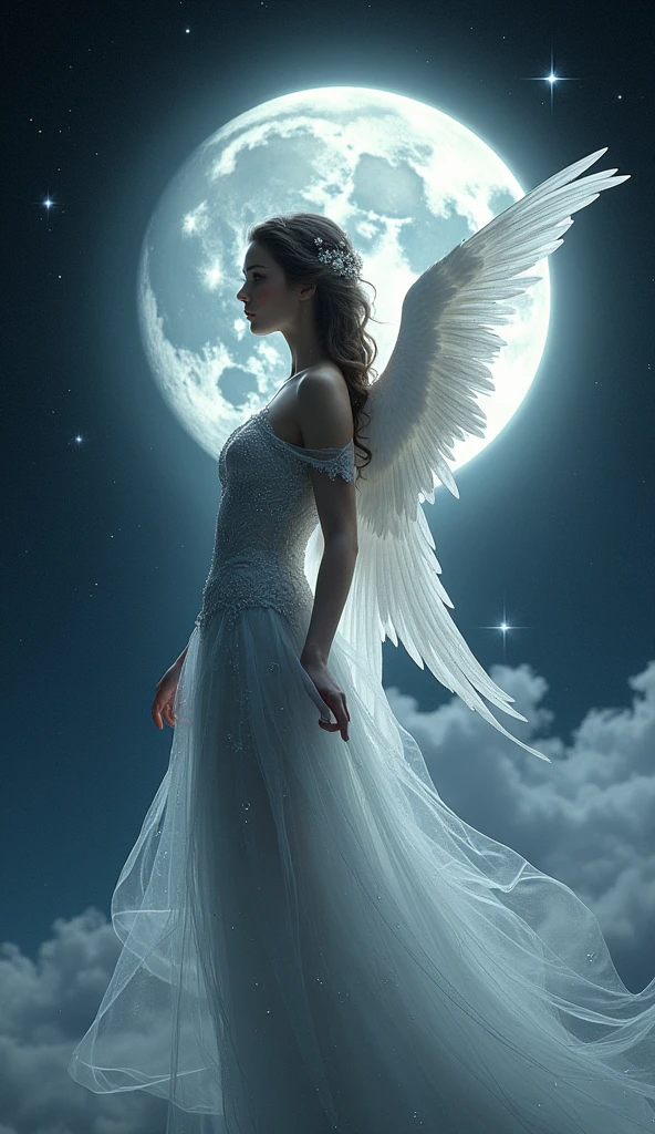 universe space, Against the background of the moon, Beautiful female angel, Silver costume, whole body
