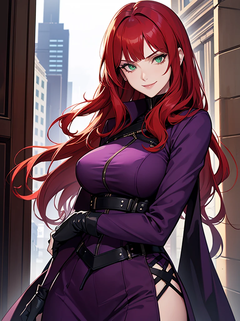 green eyes, red hair with long bangs, noble, mafia. sadistic women, wavy long hair. strong woman. background in winter. spy. kind smile. purple outfit. she fighting