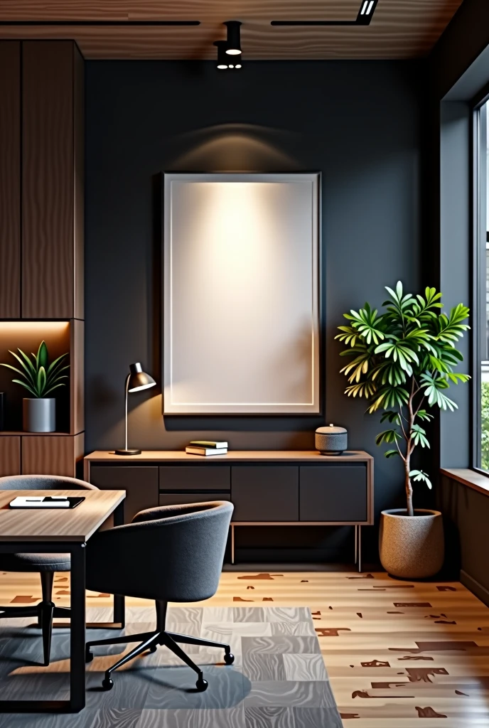 modern dark wood office with blank frame
