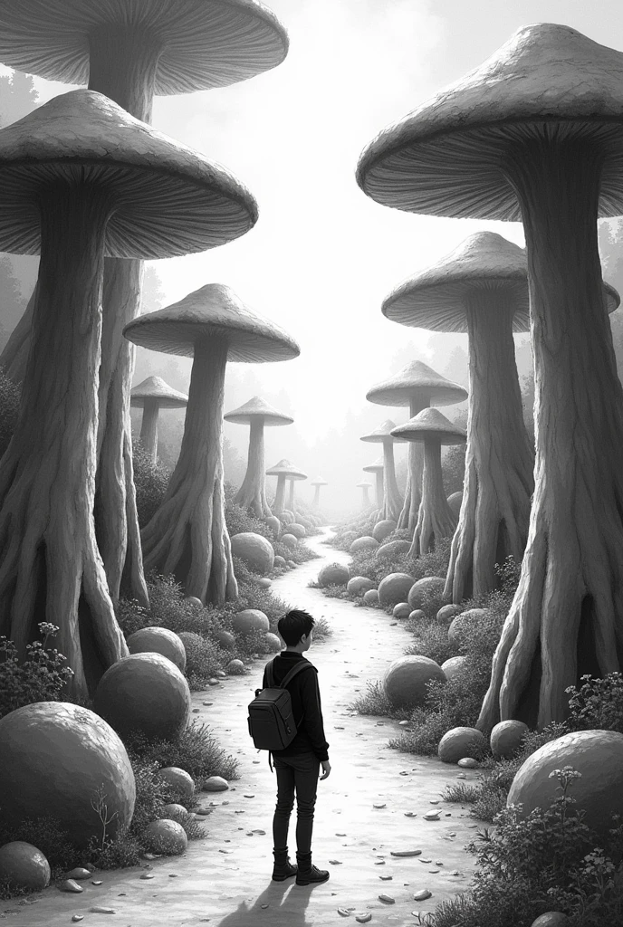 Create a black and white A4 size drawing, of a fantastic world, with a young man with his back turned in the foreground, looking at a trail in front of you, with mushroom forest on both sides
