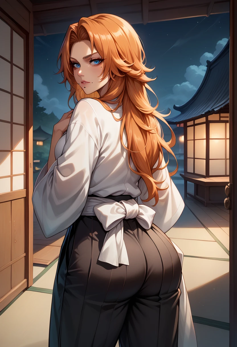 score_9, score_8_up, score_7_up, BREAK, score_9, defran, long hair, orange hair, blue eyes, mole under mouth, black robes, pink scarf, white sash, black hakama pants, looking at viewer, cowboy shot, ass, from behind, dojo, night