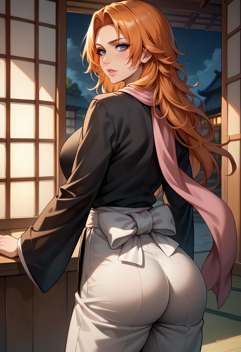 score_9, score_8_up, score_7_up, BREAK, score_9, defran, long hair, orange hair, blue eyes, mole under mouth, black robes, pink scarf, white sash, black hakama pants, looking at viewer, cowboy shot, ass, from behind, dojo, night