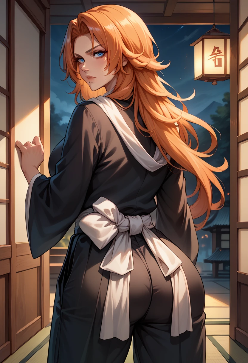 score_9, score_8_up, score_7_up, BREAK, score_9, defran, long hair, orange hair, blue eyes, mole under mouth, black robes, pink scarf, white sash, black hakama pants, looking at viewer, cowboy shot, ass, from behind, dojo, night