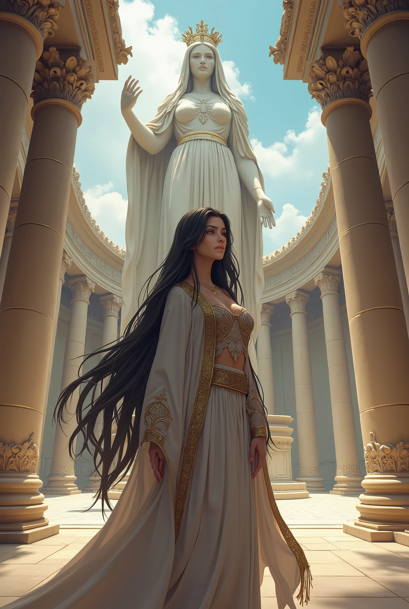 image of a priestess of the goddess Artemis, from the time of ancient Greece, Bblack hair, wearing a priestess' robe, (((anime styling))), maximum details, she's in a temple, behind her is a huge statue of the goddess Artemis.