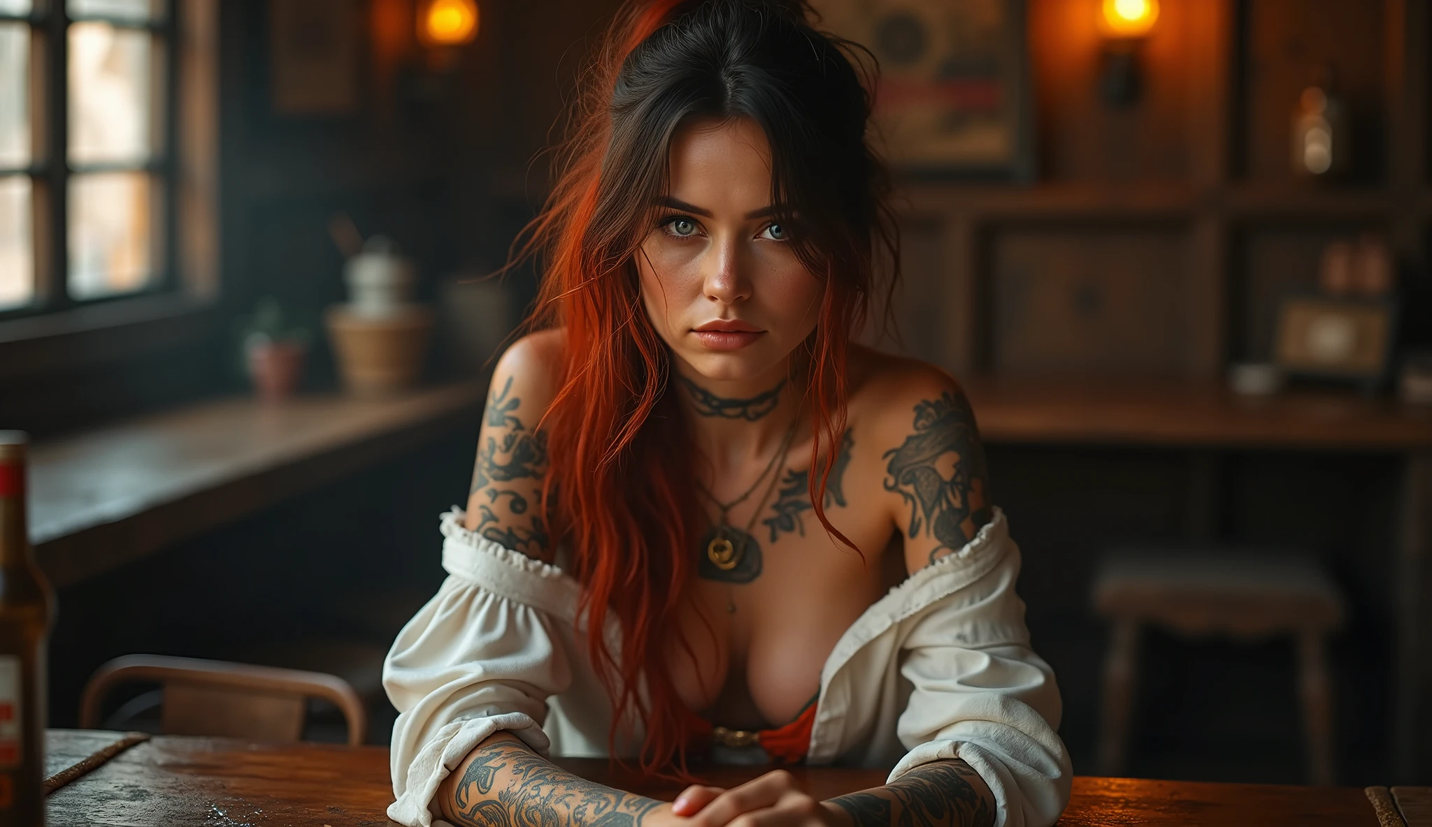 (8K, Best Quality, Masterpiece, Ultra High Definition: 1.2, Ultra Realism), wood tavern, very beautiful woman, natural delicate body, Delightful face, very detailed face, bright soft make-up, large detailed pirate's tatooes on body, sit in seductive vulgar pose, on table, spread legs, moaning in pain, kitsune ears, focus on hips, bokeh, melancholy atmosphere, torned panties, showing female genitalia, Large-size torned Off-shoulder shirt, See-through white torned shirt, small breasts, very detailed natural nipples, long hair, messy hair, brunette hair, bright red highlights, strikingly beautiful blue eyes with sparkles, symmetrical eyes, Dim Lights, full body shot, top view