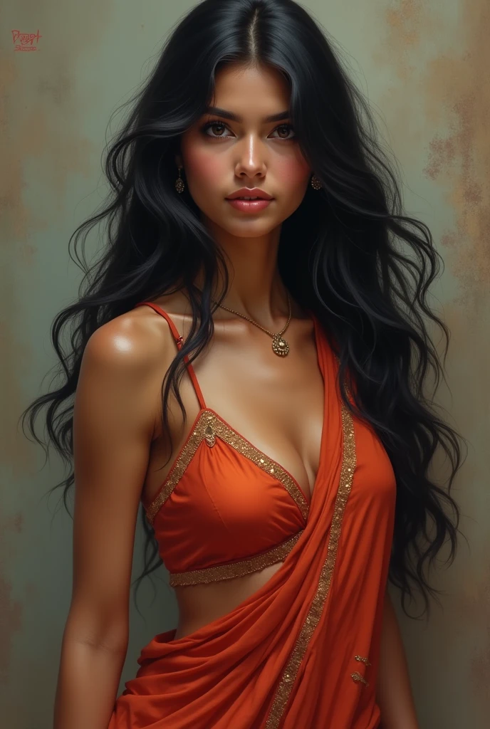 Long black hair gril, face pretty, dress saree indian gril, skin tone white, boby shap curve, vary realistic