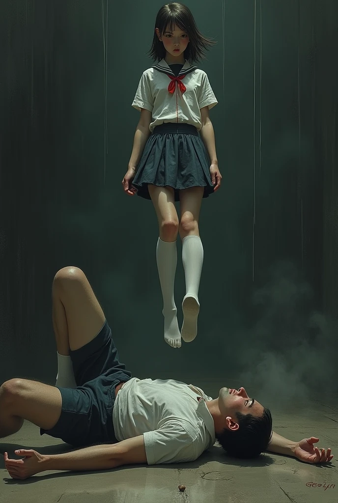 Schoolgirl scene in white thigh high socks , is being hanged ,hovering in the air , a man sitting on the ground in panic 