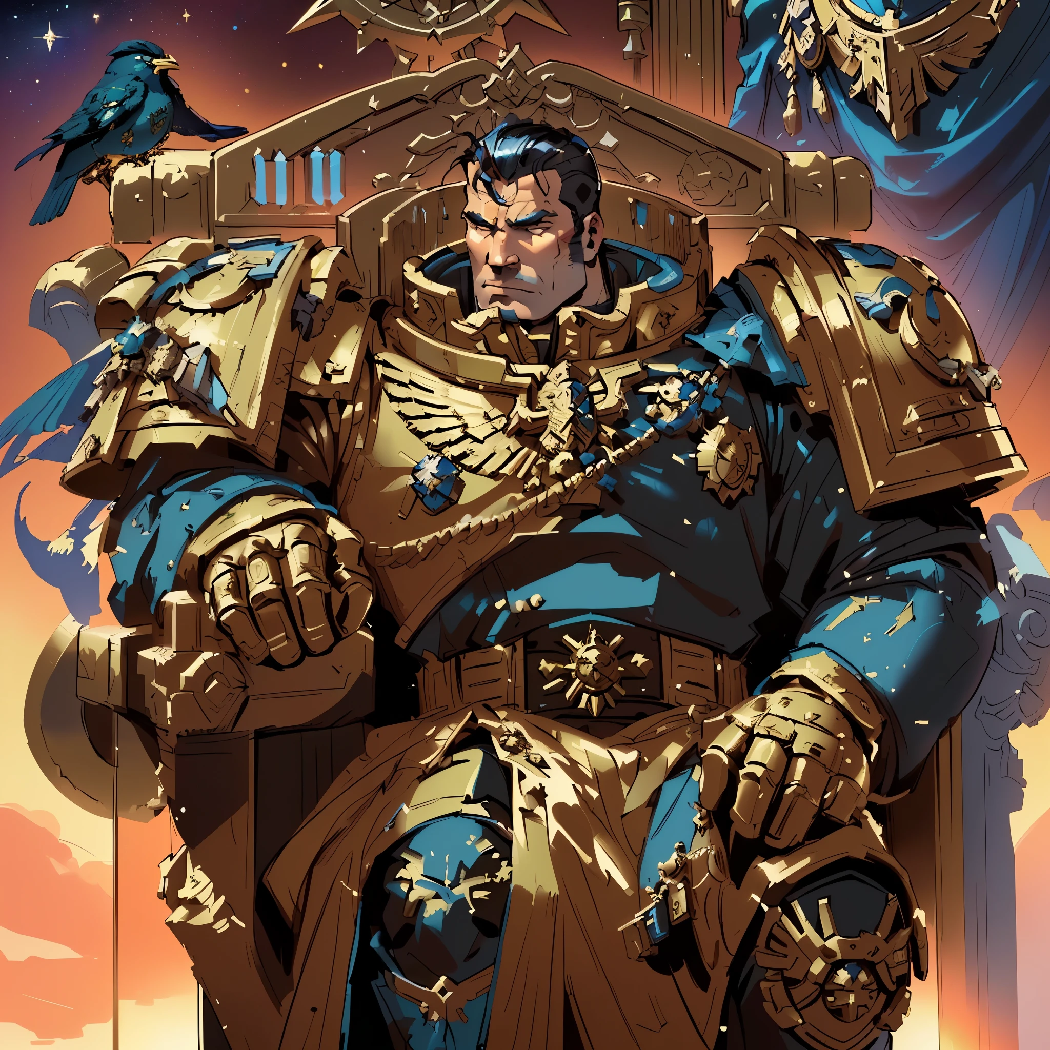 a close up of a man sitting on a throne with a bird on his shoulder, portrait of space marine, warhammer 4 0 k artwork, portrait of emperor of mankind, warhammer 40k emperor of mankind, art portrait of a space marine, space marine, donald trump is a space marine, warhammer 4 0 k fantasy, warhammer 4k, space marines, warhammer art
