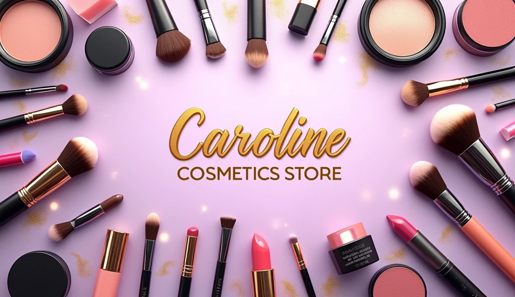make a background image in the makeup segment of various types of makeup and cosmetics utensils with the name in the center of the image, With name ( Caroline Cosmetics Store ) in realistic gold , the background is in lilac with a gradient with gold effects , make the image in proportion