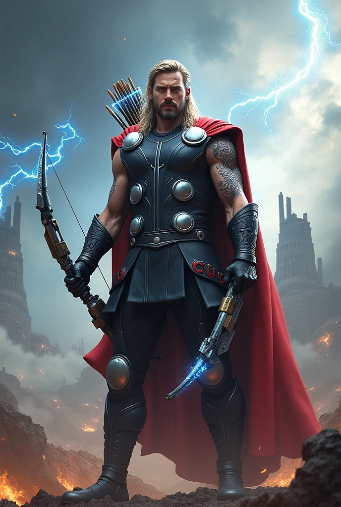 Thor + Hawkeye: A master marksman with divine power. Imagine Thor’s hammer Mjolnir combined with a bow that can shoot lightning-charged arrows. The costume could merge Thor’s Asgardian armor with Hawkeye's modern tactical look.Captain