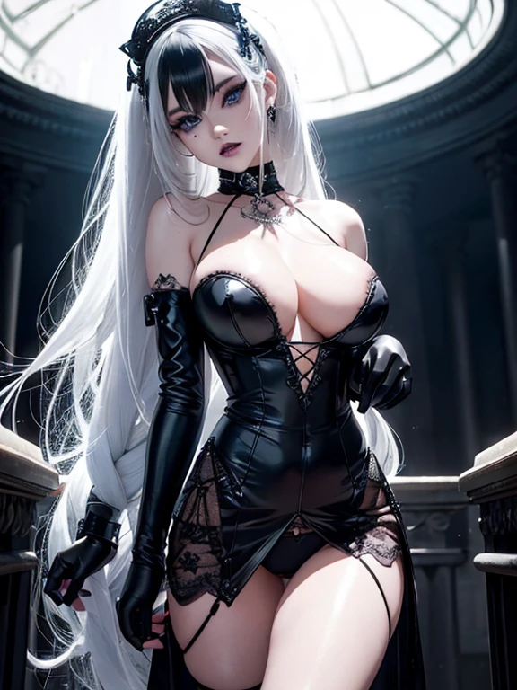 A gothic punk girl, perfect face, beautiful Asian woman with long White hair in White curls and coils, very cute and  beautiful girl,    (highly detailed beautiful face), high detailed fingers, (wearing just panties, topless), detailed breast,
]cowboy shot, looking at viewer, Standing, white panties. intricate details, cinematic scene, detailed background, solo, dynamic angle,  ((beautiful big blue eyes looking down at the viewer, black shiny lipstick, perfect Asian goth cyber makeup)) double d breast, detailed cute face, white hair,  heavy make up,),(dark black lipstick), size, Backlight effect, lens flare, depth of fields, blurry background, Detailedface,1 girl, Detailed eyes, ,(thigh up shot image :1.5), Black gloves. Walking in the rain. Moonlight shines on her face. Sombre setting 
