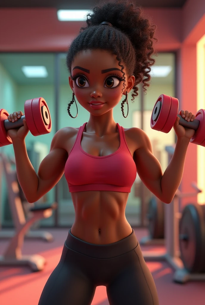 pixar 3d drawing of a black brazilian woman, curly hair, tied ponytail with gym clothes doing weight training