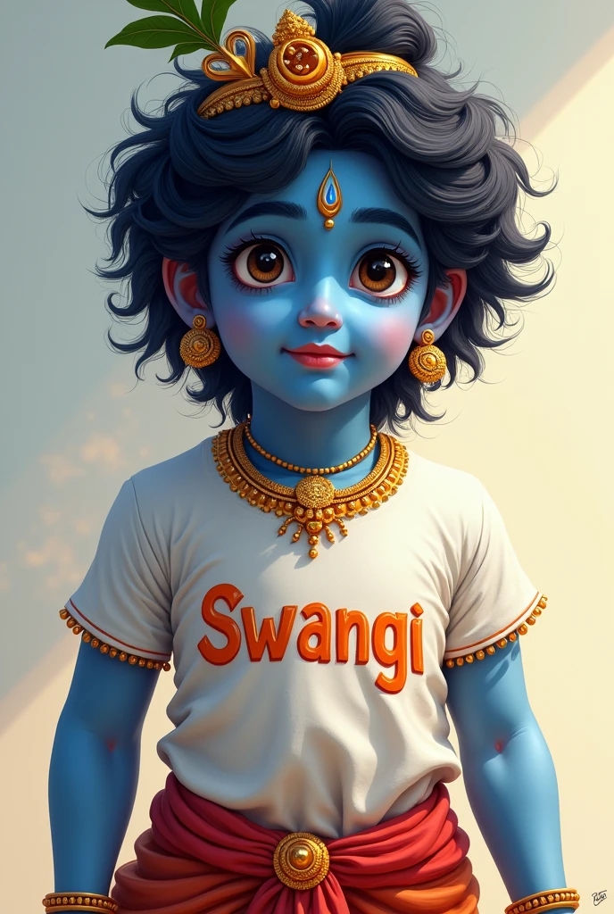  Krishna with  "swangi "name printed on his t shirt ( Krishna is god(blue ) and swangi  ) also swangi and Krishna are both different character