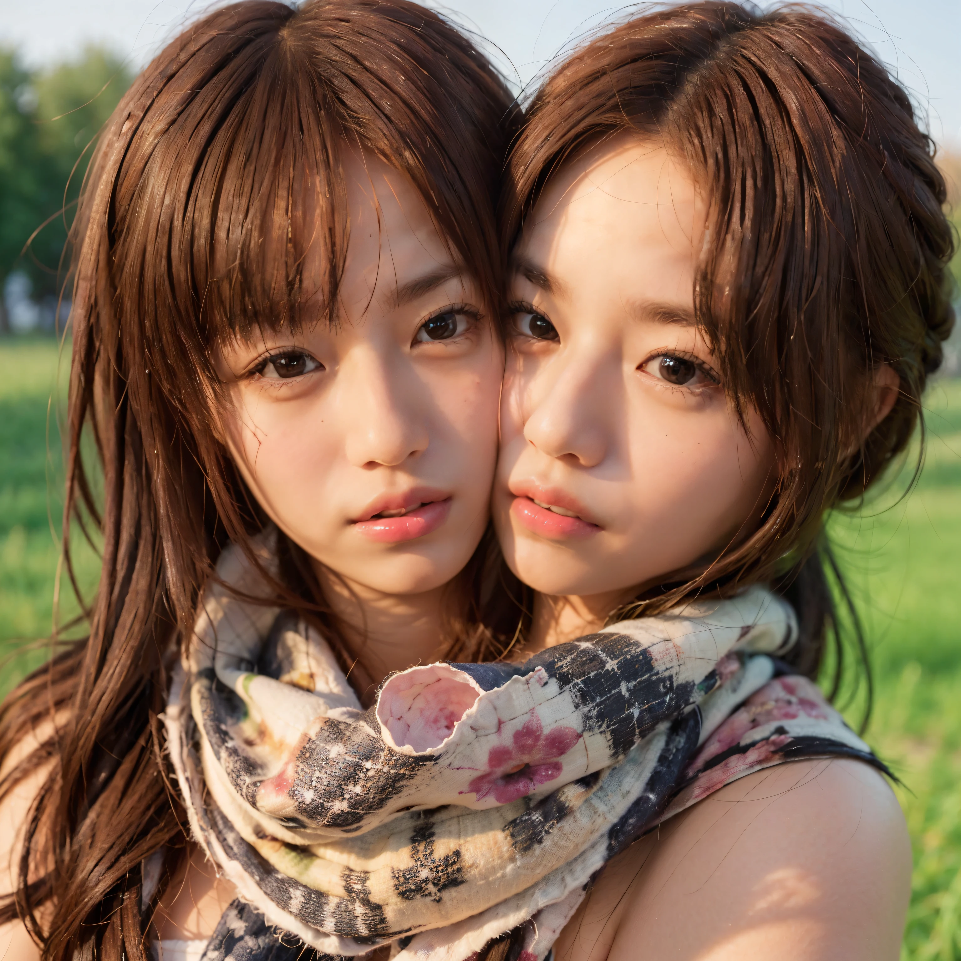 Identical twin sisters hugging each other and 8k, highest quality, masterpiece, realistic, Super detailed, photo realistic, Improvement of quality, 
Photo of a girl standing in a field with a scarf, In a dark and brooding designer style, voluminous mass, photo bash, calm face, jagged edges, navy, beauty of nature, close up shot
