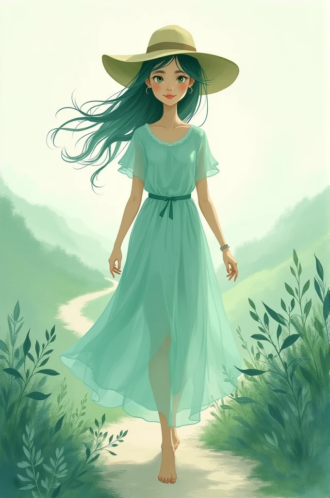 create an image of a watercolor-style traveling woman in mint green tones