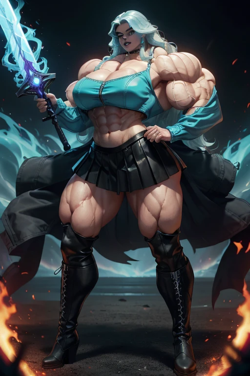 ((Close-up)), tall, (cyan hair) beautiful muscular woman, long beachy hair, pale white skinned, closed smile, (black lipstick), (massive muscles), (hyper muscle), (ginormous bulky muscles), glowing purple eyes, ((leather jacket and long pleated skirt)), (carrying a fire sword), choker, boots, night in a fire castle, 