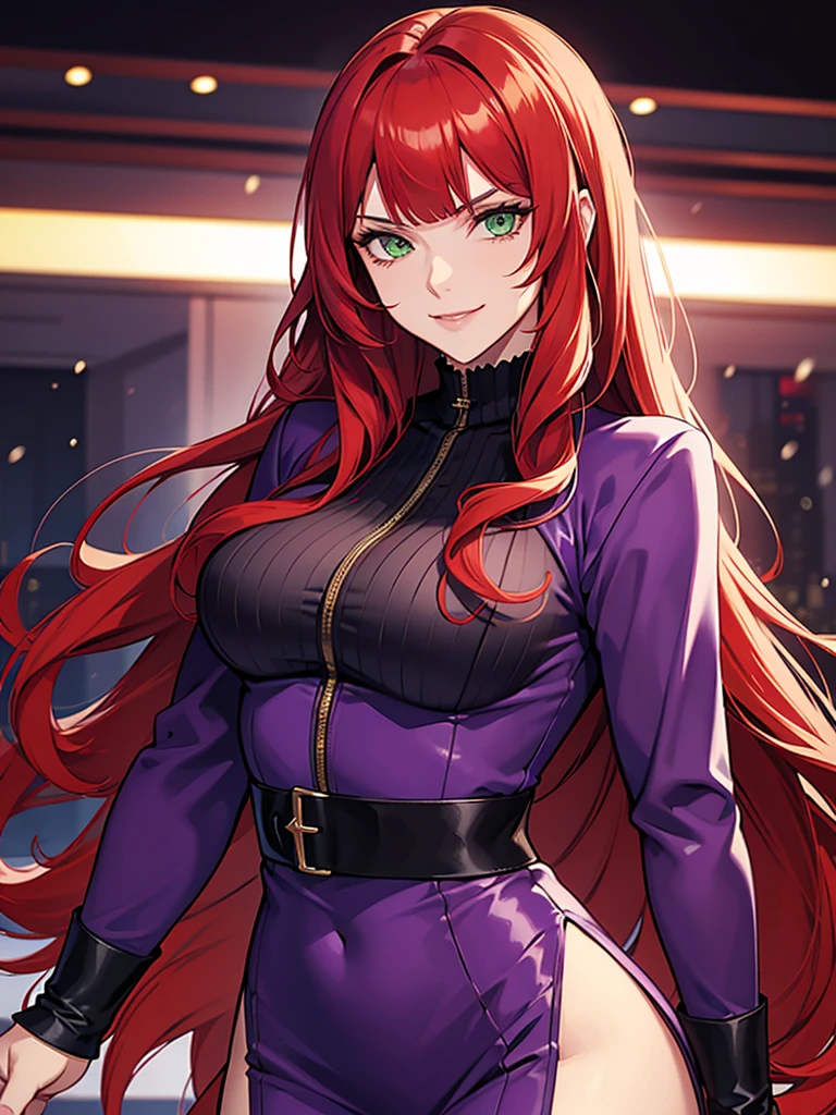 green eyes, red hair with long bangs, noble, mafia. sadistic women, wavy long hair. strong woman. background in winter. spy. kind smile. purple outfit. she fighting