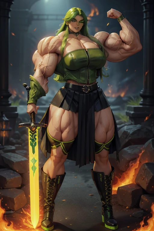 ((Close-up)), tall, (green hair) beautiful muscular woman, long curvy hair, light brown skinned, closed smile, (black lipstick), (massive muscles), (hyper muscle), (ginormous bulky muscles), glowing orange eyes, ((leather jacket and long pleated skirt)), (carrying a fire sword), choker, boots, night in a fire castle,