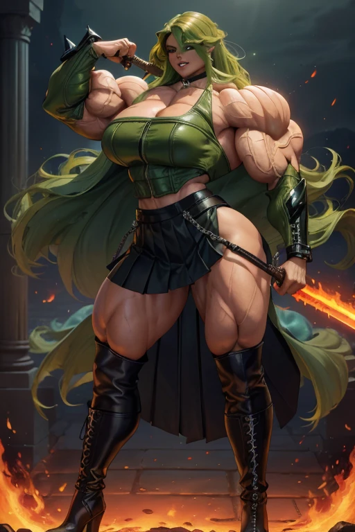 ((Close-up)), tall, (green hair) beautiful muscular woman, long curvy hair, light brown skinned, closed smile, (black lipstick), (massive muscles), (hyper muscle), (ginormous bulky muscles), glowing orange eyes, ((leather jacket and long pleated skirt)), (carrying a fire sword), choker, boots, night in a fire castle, 
