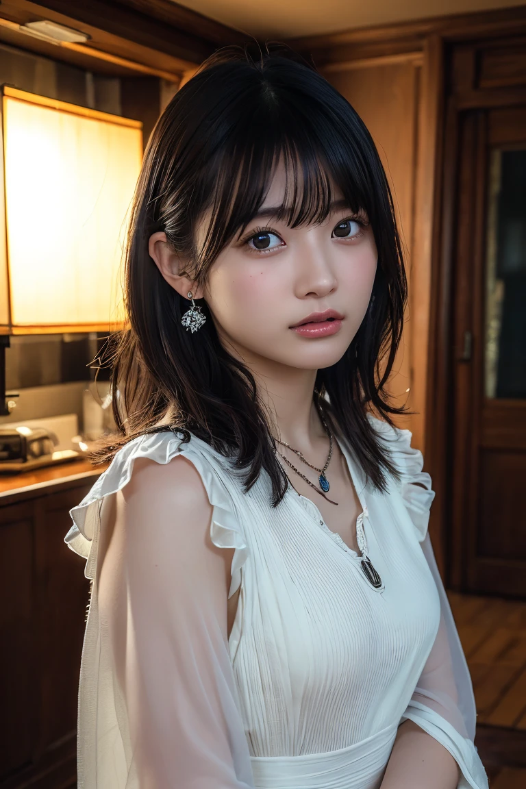 (Highest quality:1.4),(masterpiece:1.4),(Realistic:1.4),(Realistic:1.2),(超High resolution, RAW Photos:1.4),(High resolution, Ultra-detailed:1.2),(8k:1.2),View your viewers,Cinematic photography,One person,skeletally correct,Black-haired woman,Woman in her early 20s,(Small earrings,necklace,Brown dress with voluminous sleeves),(Western-style building interior,Dimly lit room,The lamplight shines on my cheeks)