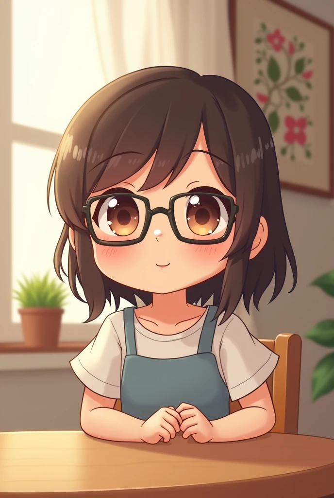 Draw a cute girl with glasses and a slightly round face.