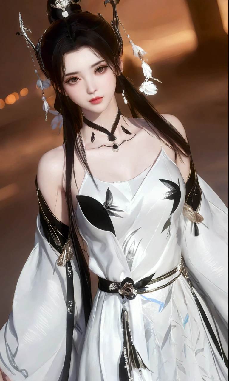 (best qualtiy,tmasterpiece:1.2),Ultra-high resolution,realisticlying,Front lighting,Complicated details,Exquisitedetailsandtextures,(1girll),solo,The upper part of the body,Black and white Hanfu,bamboo leaves pattern,Nice big eyes,Black and white dress,Bamboo leaf decoration,beauitful face,facing to audience,Streamers,gossamer,(young),Facial highlights,Detail Make,tear-mole,white skinned,Silvery hair,High ponytail,looking at viewert,largeeyes,Silk Hanfu,(Openwork pattern,Black and white silk),耳?????? Ring,slimfigure,white backgrounid,correct hand,profesional lighting,Photon Mapping,Radio City,physically-based renderingt