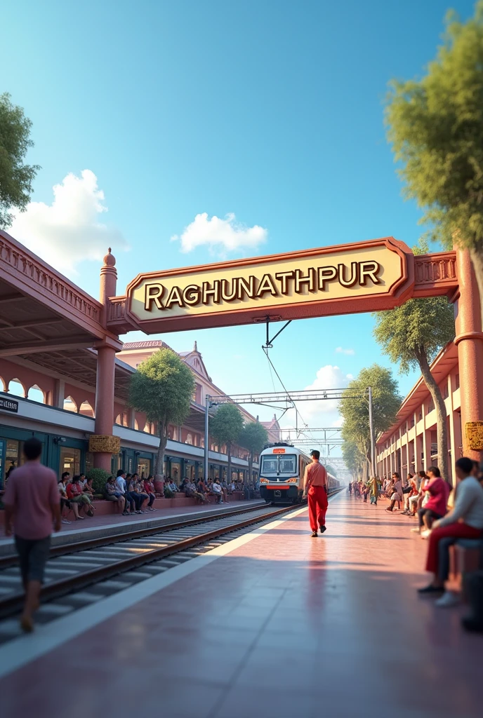 "A stunning 3D rendering of a bustling railway station named 'Raghunathpur.' The station features a large, well-lit board with 'Raghunathpur' prominently displayed in bold letters. The architecture is a blend of modern and classic design, with clean lines and intricate detailing. The platform is busy with passengers, some sitting on benches and others walking along the platform. Trains can be seen in the background, with one arriving at the station. The scene is set in daylight with a clear blue sky, adding vibrancy to the entire setting."