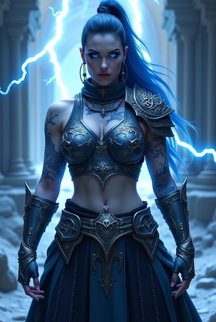 Aletta Ocean, angry evil beautiful and muscular, Nordic female, towering storm Giantess with blue black hair in a ponytail, older and mature woman, throwing a lightning ball, celtic glowing tattoos, wearing nordic steel runic plate mail Armour , temple cave background with lightning storm, glowing blue eyes, square jaw, powerful and imposing, winter clothing, pale blue purple skin, ((full plate celtic dragon armour)), nordic tattoos, fit bodybuilder, facing the camera , ultra detailed