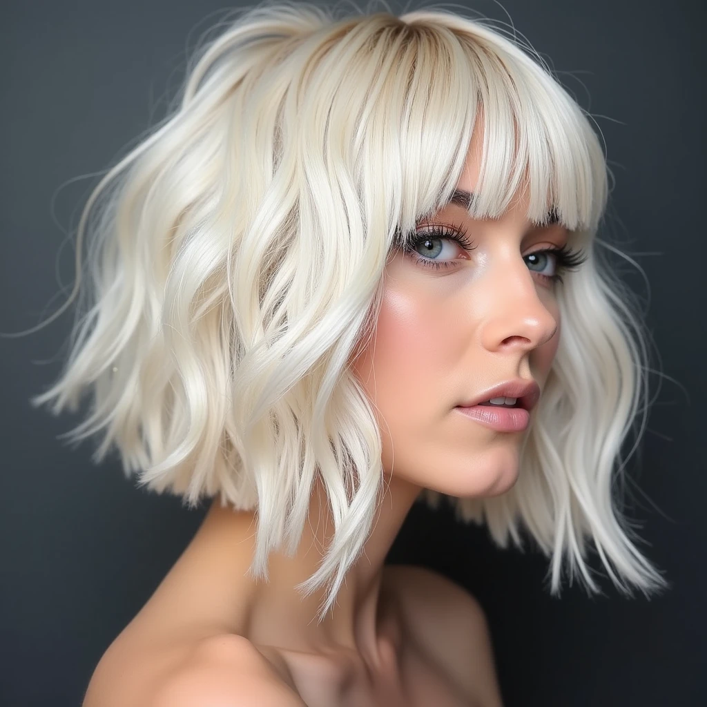 A platinum blonde woman, chin-length wavy bob haircut, bent over and got fucked doggy style, finished in pussy