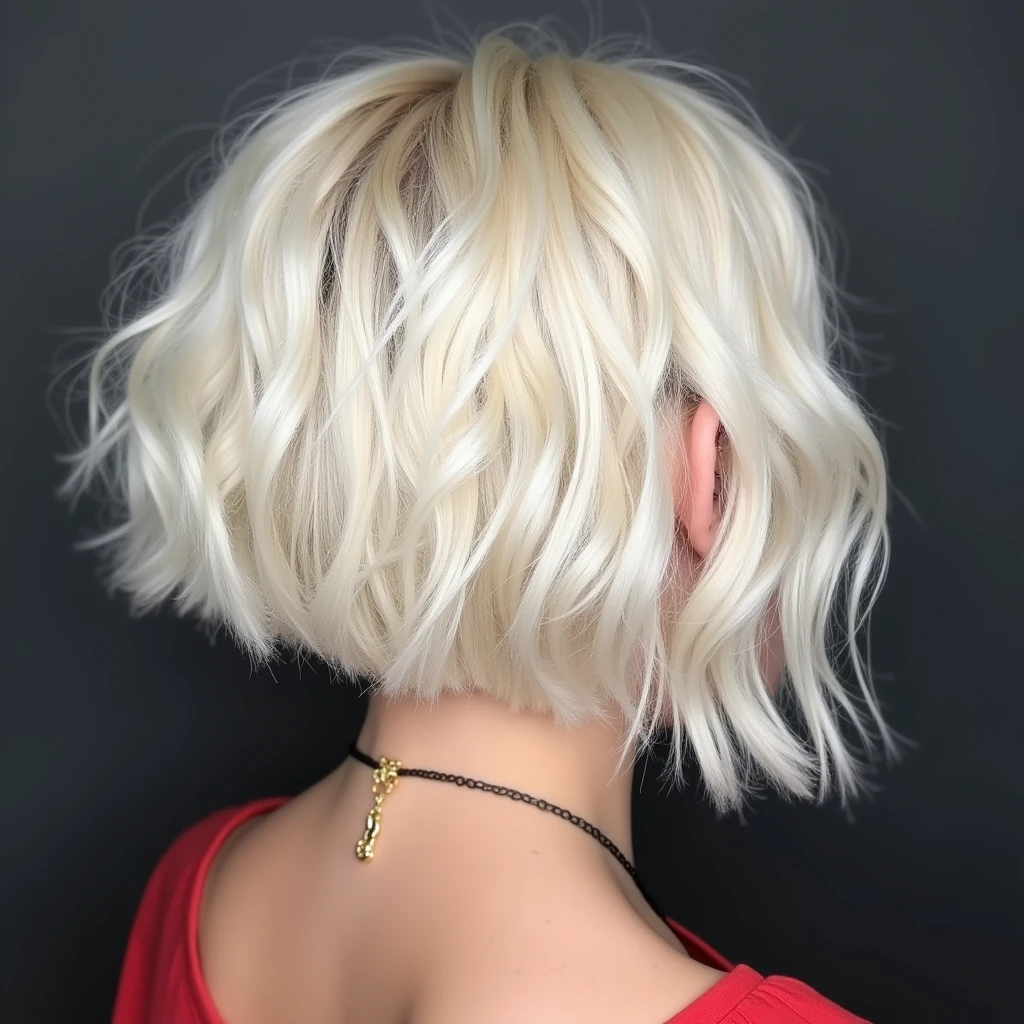 A platinum blonde woman, chin-length wavy bob haircut, bent over and got fucked doggy style, finished in pussy