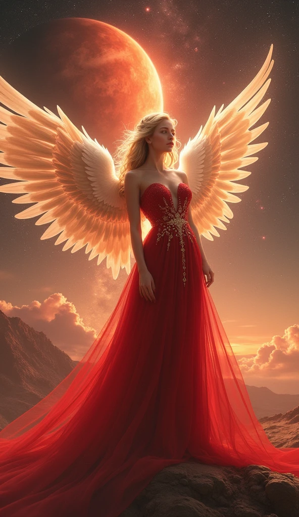 universe space, Mars in the background, Beautiful female angel, Red costume, whole body