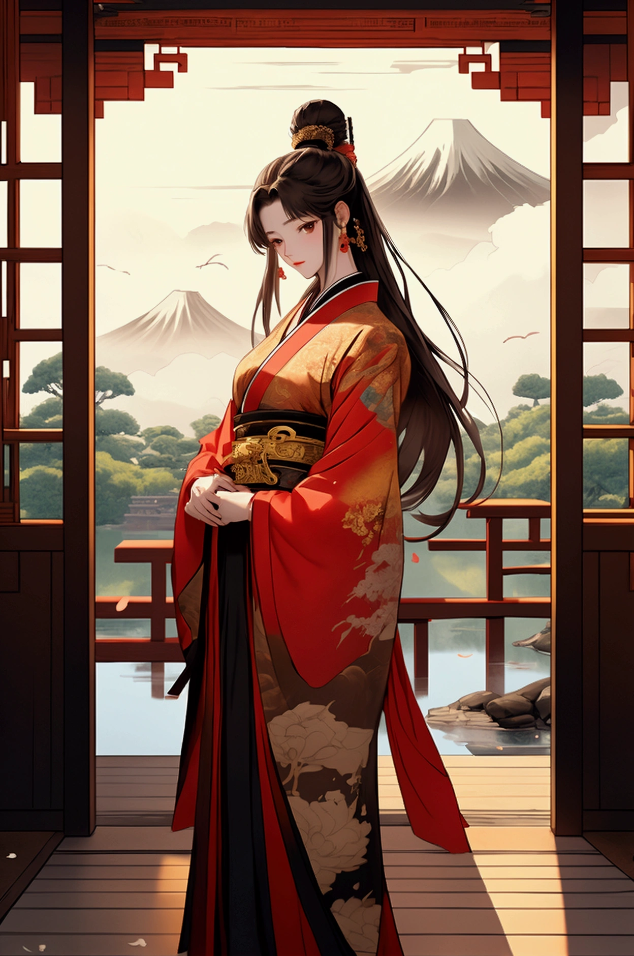 A painting in the style of ancient Chinese art, In a serene Japanese garden courtyard, a Chinese ambassador from the Three Kingdoms era in ornate silk robes meets a Yamato leader in traditional garments. Cherry blossoms and a stone lantern frame the scene, with Mount Fuji visible in the misty distance. The Yamato ruler stands on a wooden veranda, while the ambassador approaches on a stone path. A single samurai guard watches discreetly nearby. The setting blends Chinese and Japanese elements, with curved roof tiles and a small bridge over a koi pond. Soft, warm lighting highlights the rich colors and intricate patterns of their clothing, emphasizing the cultural contrast and the diplomatic significance of this intimate encounter. This artwork has exquisite details and intricate patterns on its surface. It was created in the style of artists such as Guan Shengzhi and Xuanhai Liang