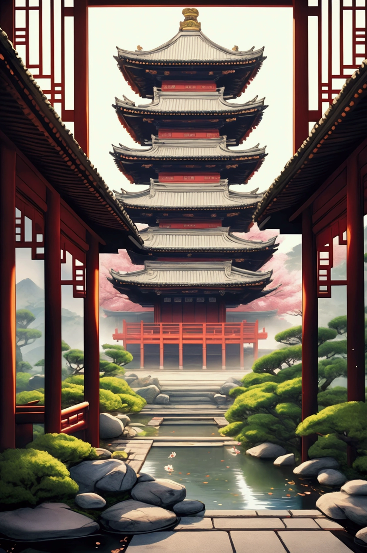 A painting in the style of ancient Chinese art, In a serene Japanese garden courtyard, a Chinese ambassador from the Three Kingdoms era in ornate silk robes meets a Yamato leader in traditional garments. Cherry blossoms and a stone lantern frame the scene, with Mount Fuji visible in the misty distance. The Yamato ruler stands on a wooden veranda, while the ambassador approaches on a stone path. A single samurai guard watches discreetly nearby. The setting blends Chinese and Japanese elements, with curved roof tiles and a small bridge over a koi pond. Soft, warm lighting highlights the rich colors and intricate patterns of their clothing, emphasizing the cultural contrast and the diplomatic significance of this intimate encounter. This artwork has exquisite details and intricate patterns on its surface. It was created in the style of artists such as Guan Shengzhi and Xuanhai Liang
